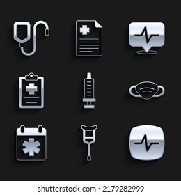 Set Syringe, Crutch Or Crutches, Heart Rate, Medical Protective Mask, Doctor Appointment, Patient Record,  And IV Bag Icon. Vector