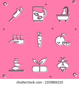 Jeringa Set, Taza de té y hoja, Bañera, Acupuntura terapéutica, Zanahoria, Fruto Citrus, Piedras calientes Stack y Píldora Médica con ícono de planta. Vector