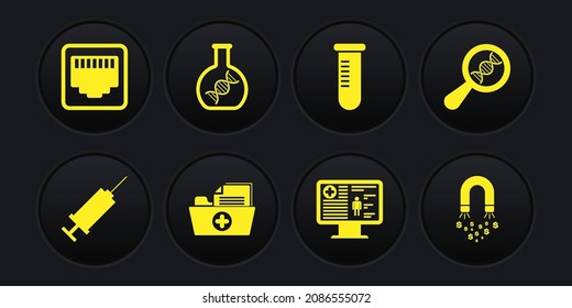 Set Syringe, DNA research, search, Health record folder, Clinical on monitor, Test tube flask and  icon. Vector
