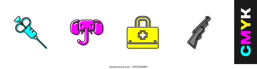 Set Jeringa, Elefante, Botiquín de primeros auxilios e icono de pistola de caza. Vector