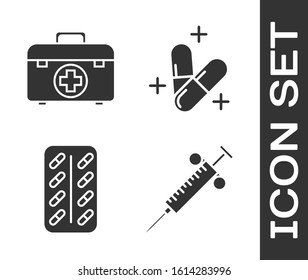 Set Syringe, First aid kit, Pills in blister pack and Medicine pill or tablet icon. Vector