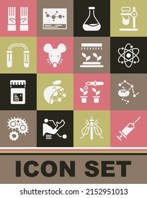 Ajuste de la jeringa, alimentos modificados genéticamente, átomos, tubo de ensayo y matraz, ratón experimental, guantes de goma médica y icono de rociadores de riego automático. Vector