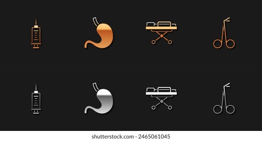 Set Syringe, Human stomach, Stretcher and Medical scissors icon. Vector