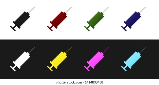 Set Syringe icon isolated on black and white background. Syringe for vaccine, vaccination, injection, flu shot. Medical equipment. Vector Illustration
