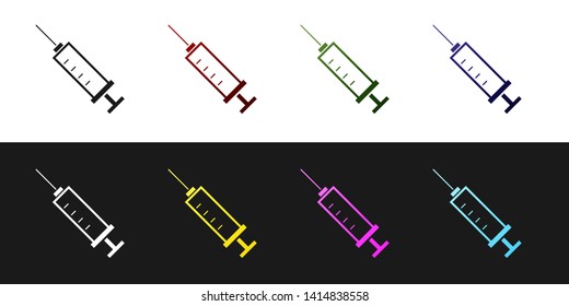 Set Syringe icon isolated on black and white background. Syringe for vaccine, vaccination, injection, flu shot. Medical equipment. Vector Illustration
