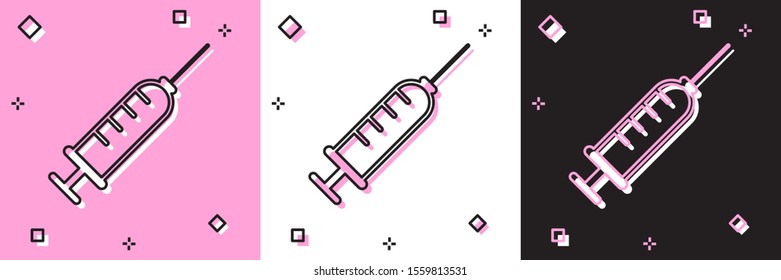Set Syringe icon isolated on pink and white, black background. Syringe for vaccine, vaccination, injection, flu shot. Medical equipment.  Vector Illustration