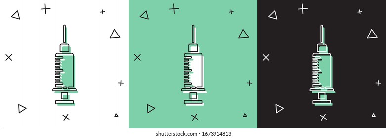 Coloque el icono de la jeringa aislado en fondo blanco y verde y negro. Jeringa para vacuna, vacunación, inyección, vacuna antigripal. Equipo médico.  Ilustración vectorial