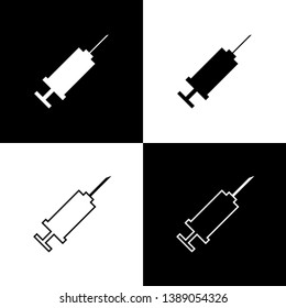 Set Syringe icons isolated on black and white background. Syringe for vaccine, vaccination, injection, flu shot. Medical equipment. Line, outline and linear icon. Vector Illustration