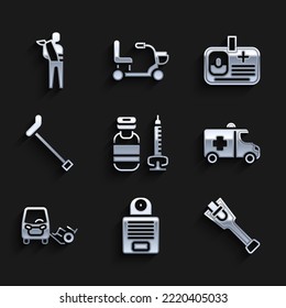 Set Syringe, Intercom, Prosthesis leg, Emergency car, Disabled, Walking stick cane, Identification badge and Human broken arm icon. Vector