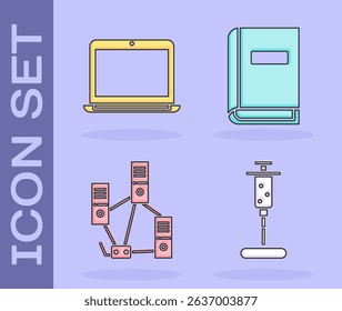Set Syringe, Laptop, Computer network and User manual icon. Vector