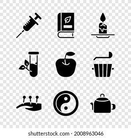 Set Syringe, Medical book, Aroma candle, Acupuncture therapy, Yin Yang, Kettle with handle, Laboratory glass leaves and Apple icon. Vector