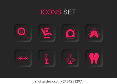 Set Syringe, Medical dental chair, Dental search, tooth plate, Broken, floss and Teeth with braces icon. Vector