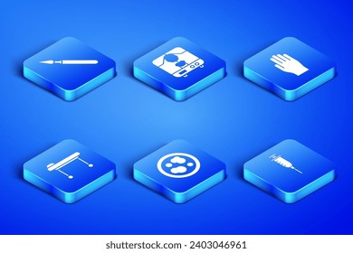 Set Syringe, Medical surgery scalpel, Petri dish with bacteria, Stretcher, X-ray machine and rubber gloves icon. Vector