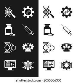Set Syringe, Medicine bottle and pills, DNA research, search, Genetic engineering,  and Bioengineering icon. Vector