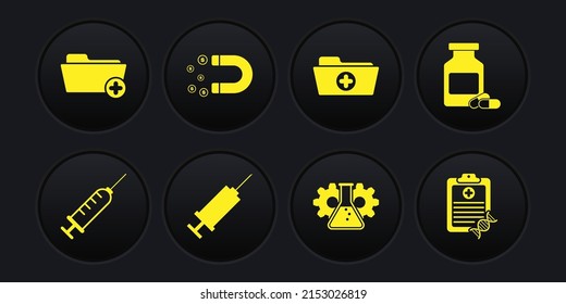 Set Syringe, Medicine bottle and pills, , Bioengineering, Health record folder and Magnet with money icon. Vector