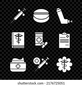 Set Syringe, Medicine pill or tablet, Inhaler, Ointment cream tube medicine, Medical syringe with needle, Emergency star medical symbol Caduceus snake stick, book and bottle and pills icon. Vector
