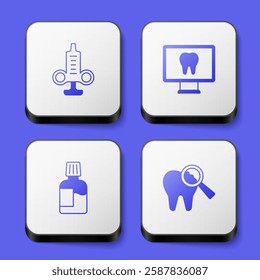 Set Syringe, Online dental care, Mouthwash and Broken tooth icon. White square button. Vector