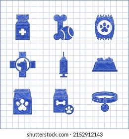 Set Syringe with pet vaccine, Bag of food for, Collar name tag, Pet bowl, Veterinary clinic symbol,  and Dog medicine bottle and pills icon. Vector