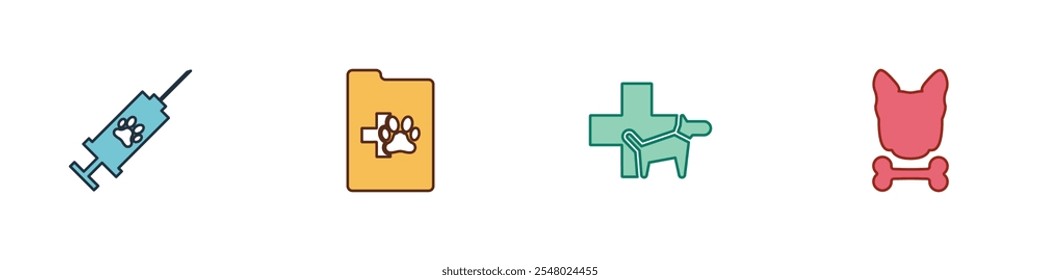 Set Syringe with pet vaccine, Clinical record, Veterinary clinic and Dog and bone icon. Vector