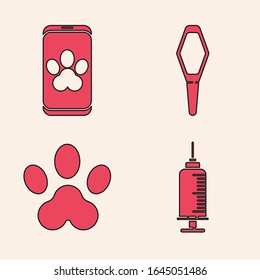 Set Syringe with pet vaccine, Online veterinary clinic symbol, Pets vial medical and Paw print icon. Vector
