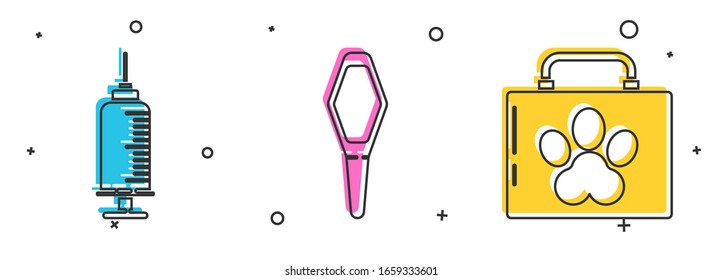 Set Syringe with pet vaccine, Pets vial medical and Pet first aid kit icon. Vector