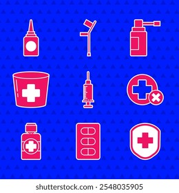 Set Syringe, Pills blister pack, Medical shield with cross, Cross hospital medical, Bottle of medicine syrup, Nurse hat, bottle nozzle spray and nasal icon. Vector