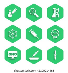 Set Syringe, Pipette, Label for bio healthy food, GMO, DNA research, search and Gmo chicken icon. Vector