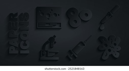 Set Syringe, Pipette, Microscope, Cell, division and Chemical formula icon. Vector