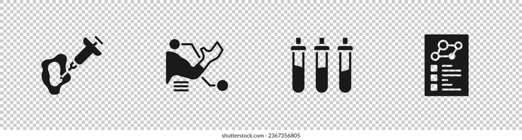Set Spritze, Prothese Hand, Reagensflasche und Klinische Aufzeichnung Symbol. Vektorgrafik