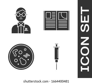 Set Syringe, Scientist, Bacteria and Open book icon. Vector