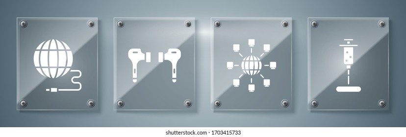 Set Syringe, Social network, Air headphones and Social network. Square glass panels. Vector