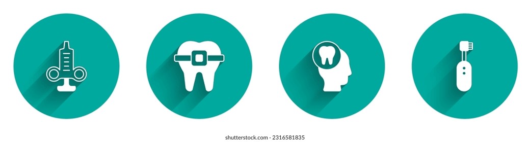 Ajuste la jeringa, los dientes con corchetes, el dolor de dientes y el ícono del cepillo de dientes eléctrico con una sombra larga. Vector