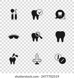 Set Syringe, Tooth, Toothache painkiller tablet, Broken tooth, Dental mirror and probe,  and Safety goggle glasses icon. Vector
