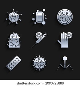 Set Syringe and virus, Virus, Bacteria bacteriophage, Hand with, Pills blister pack, Rabies,  and  icon. Vector