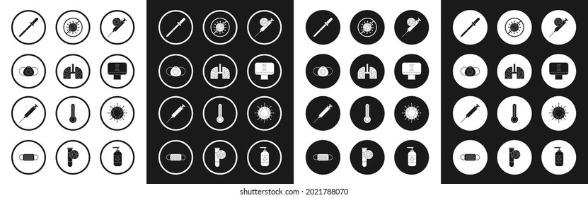 Establecer jeringas y virus, pulmón de células de virus, máscara de protección médica, pipeta, computadora de espiral de ADN, parada e icono. Vector