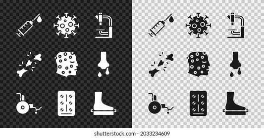 Colocar jeringas, virus, microscopio, silla de ruedas, blister de almohadas, pie plano, hueso roto humano y icono de psoriasis o erupción eczema. Vector