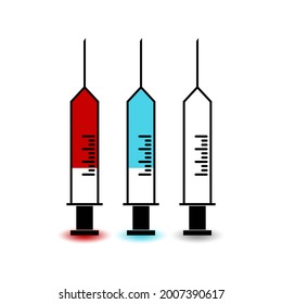 Eine Reihe von Spritzen, mit Blut, Medikamenten und leer. Laborforschung. Vektorgrafik.