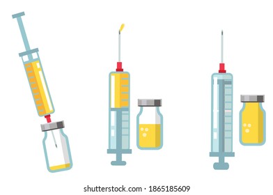 Set of syringes of different degrees of filling and vaccine against viruses, flat vector illustration