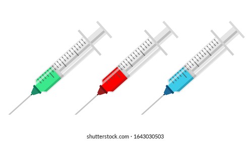 Un conjunto de jeringas con diferentes fluidos y medicamentos. Iconos de la jeringa en estilo plano con medicina azul, roja y verde.