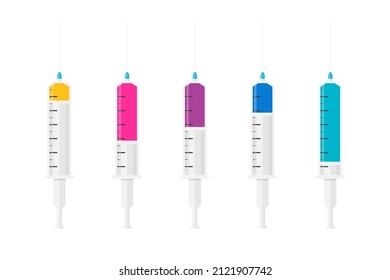 Set of syringes with different level of fluid. Syringes icon in flat style. Medical syringe with needle. Vector