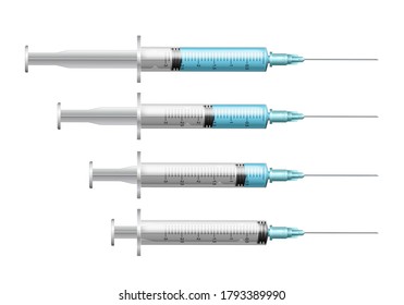 Conjunto de jeringas con diferente volumen de líquido azul. Jeringa con aguja para la inyección de medicamentos médicos, vacuna para la atención y el tratamiento. Ilustración vectorial realista aislada de fondo blanco