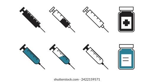 set of syringes for injecting with vaccines, medicine bottles. Vector illustration