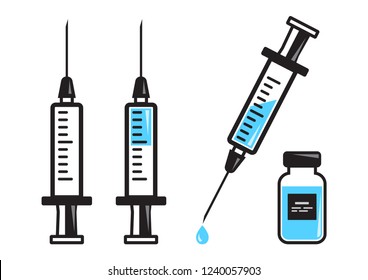 Set of syringes for injection with blue vaccine, vial of medicine. Vector illustration