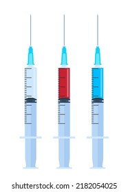 Set of syringes for injection. An empty syringe and containing blood and some kind of medicinal substance or vaccine. Vector illustration