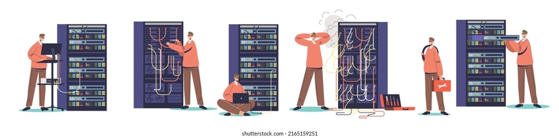 Set of sysadmins work in rack cabinet room adjusting service maintenance. System admins and administration, network connection, computer systems configuration concept. Vector illustration