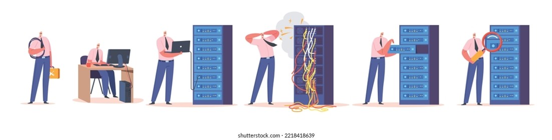 Set of System Administrator Working Routine. Sysadmin Character Work on Computer, Doing Technical Work With Server Rack. Support and Administration, Networks Maintenance. Cartoon Vector Illustration