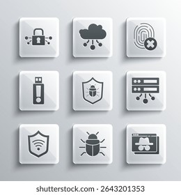 Definir bug do sistema, janela de navegação incógnita, servidor, dados, hospedagem na Web, escudo com WiFi sem fio, unidade flash USB, segurança cibernética e ícone de impressão digital cancelado. Vetor