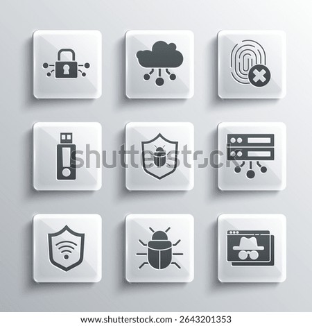 Set System bug, Browser incognito window, Server, Data, Web Hosting, Shield with WiFi wireless, USB flash drive, Cyber security and Cancelled fingerprint icon. Vector