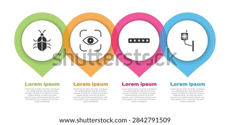Set System bug concept, Eye scan, Password protection and Security camera. Business infographic template. Vector