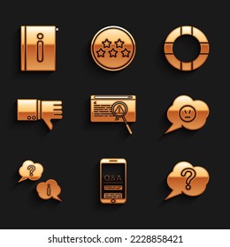 Set System bug concept, Mobile Question and Exclamation, Speech bubble, with angry smile, Dislike, Lifebuoy and User manual icon. Vector